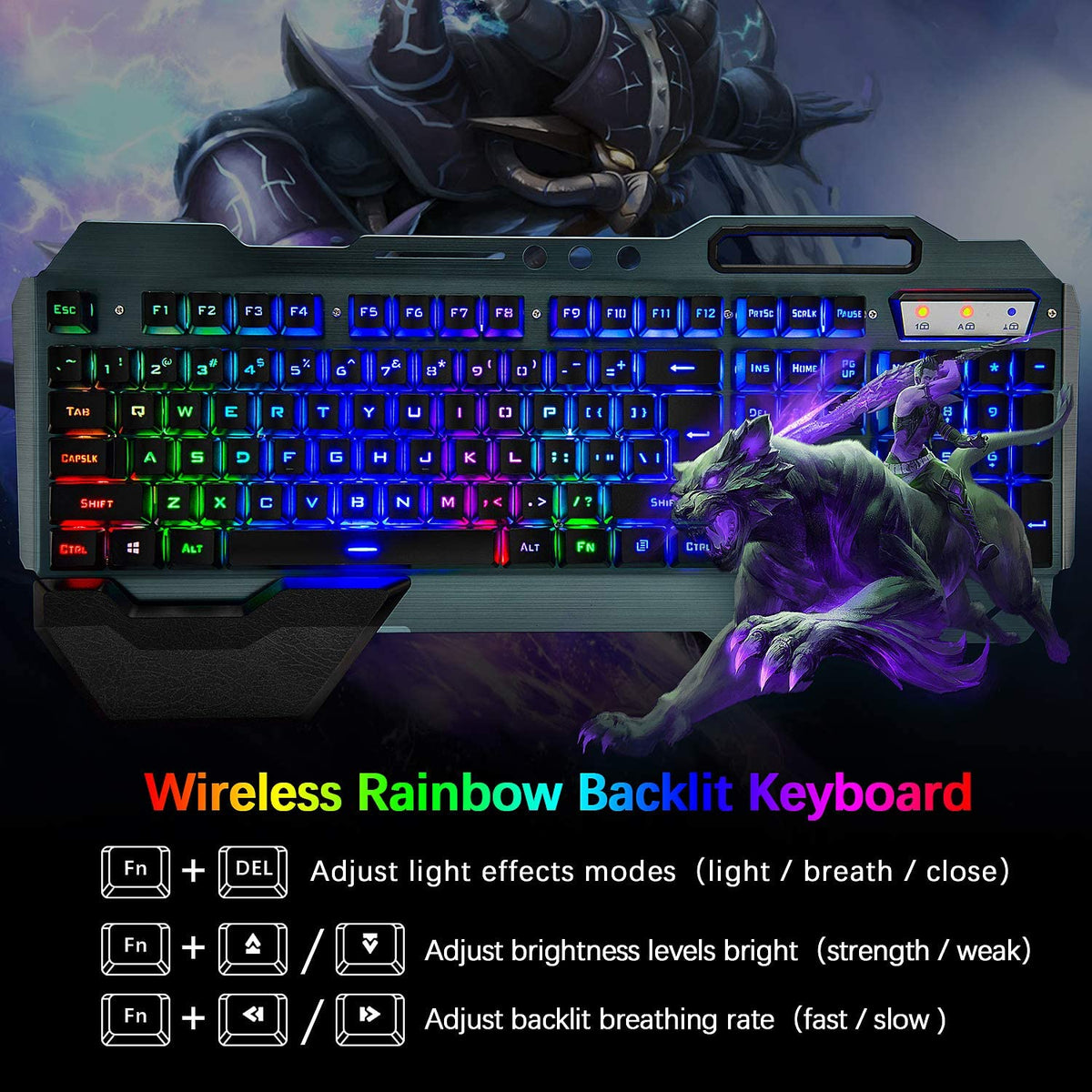 Teclado y ratón inalámbricos para juegos, ratón de teclado recargable con retroiluminación de arco iris con panel de metal de batería de 3800 mAh, teclado mecánico de reposamanos extraíble y ratón silencioso de 7 colores para jugadores de PC