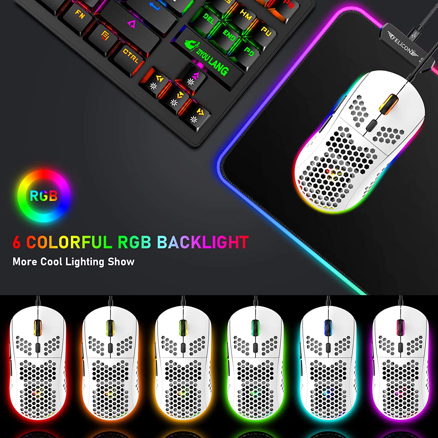 ZIYOU LANG T60 Keyboard Mouse Set, 60% Compact 62 Key USB C Backlit Mechanical Gaming Keyboard, 6400DPI RGB Gaming Mouse, Mice Pad