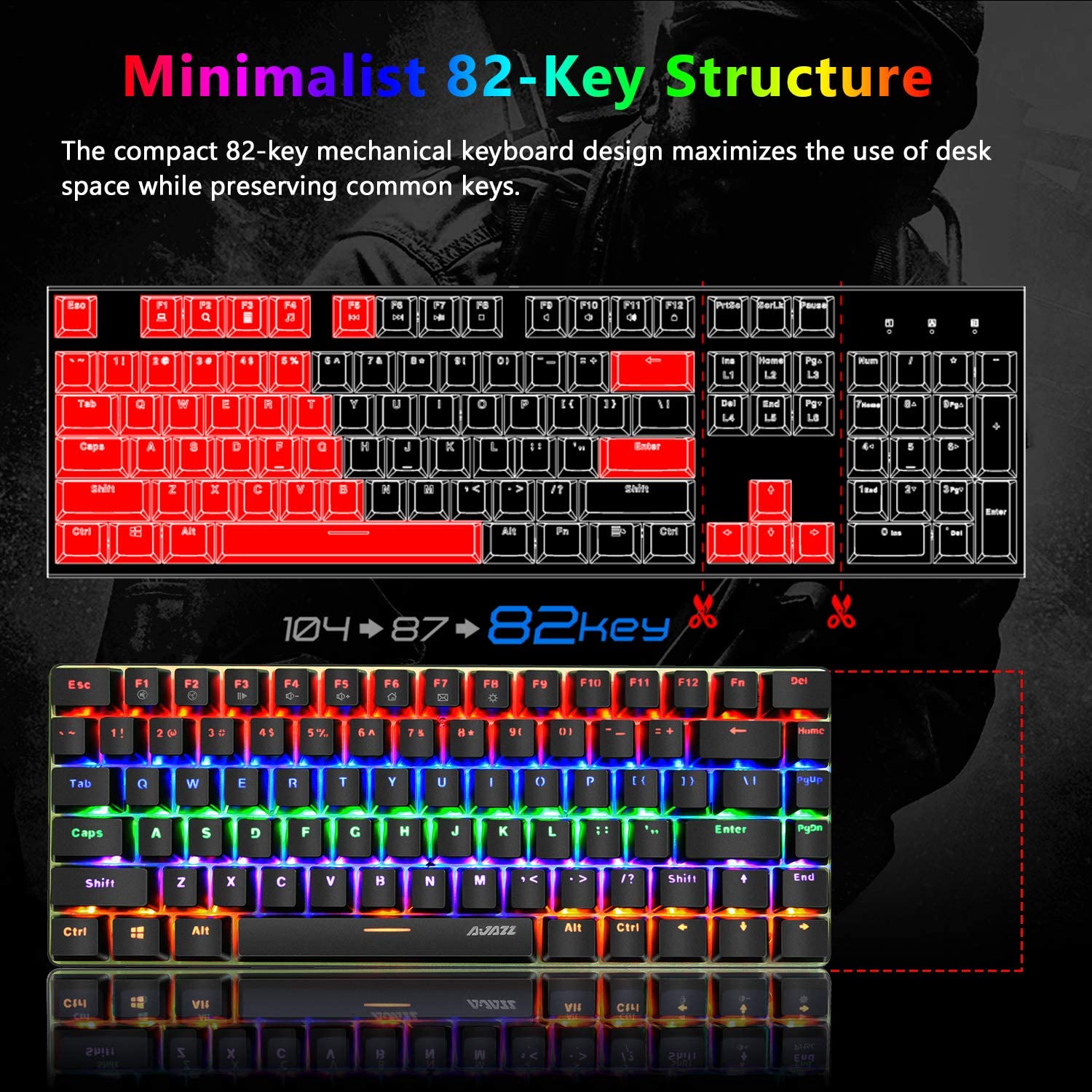 AJAZZ AK33 Gaming Mechanical Keyboard Type-C Computer Keyboard with Rainbow LED Backlit 82keys Anti-ghosting, Blue Switch