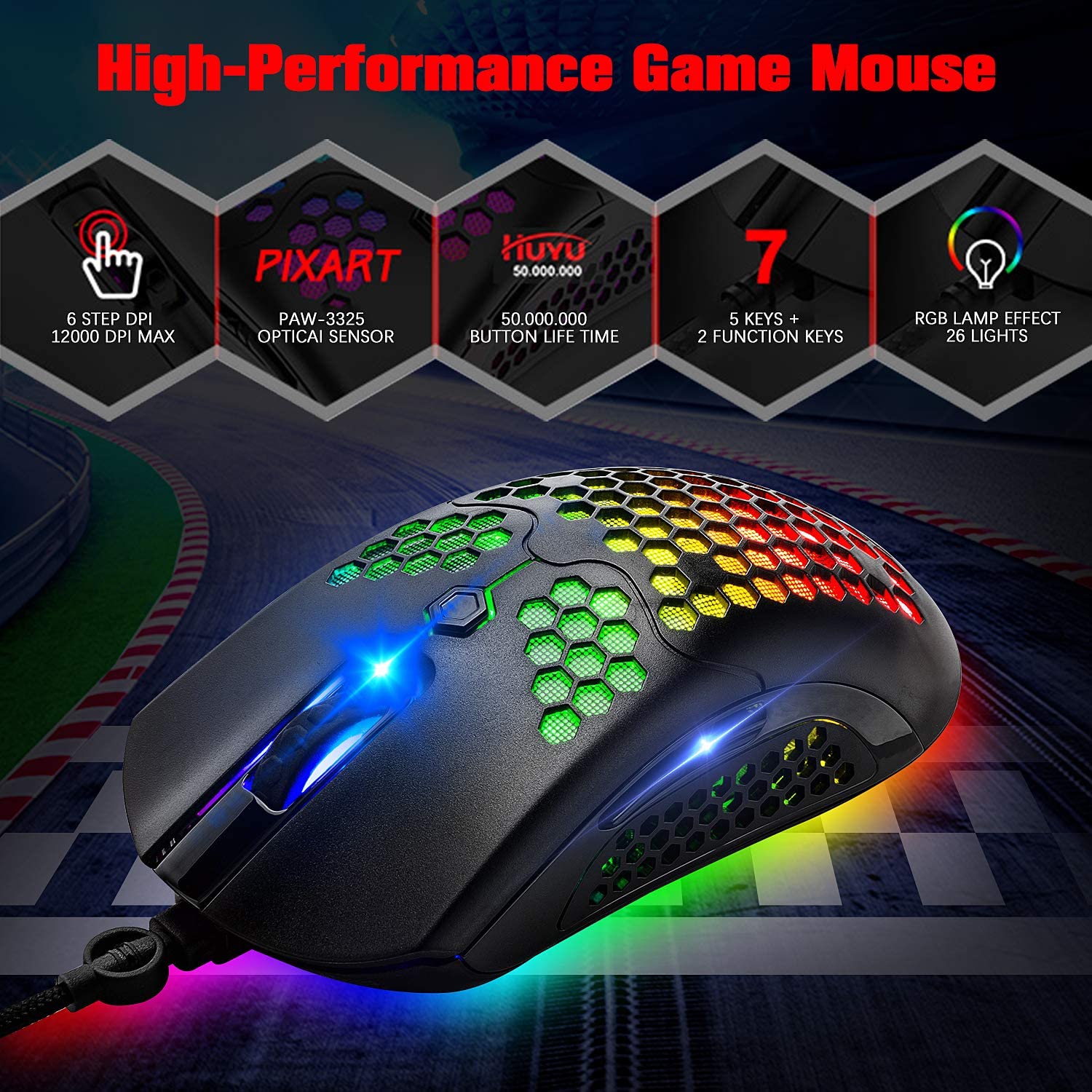 MAMBASNAKE M5 Wired Lightweight Gaming Mouse,26 RGB Backlit Mice with 7 Buttons Programmable Driver,PAW3325 12000DPI Mice, Honeycomb Shell