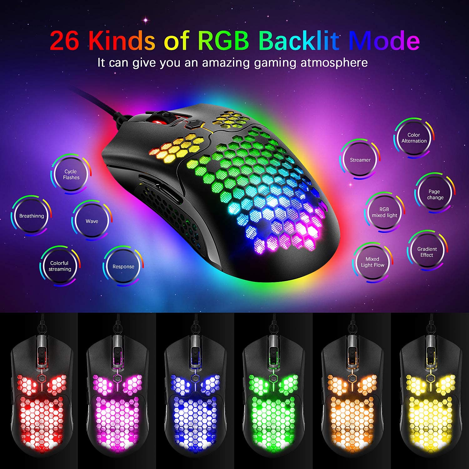 MAMBASNAKE M5 Wired Lightweight Gaming Mouse,26 RGB Backlit Mice with 7 Buttons Programmable Driver,PAW3325 12000DPI Mice, Honeycomb Shell