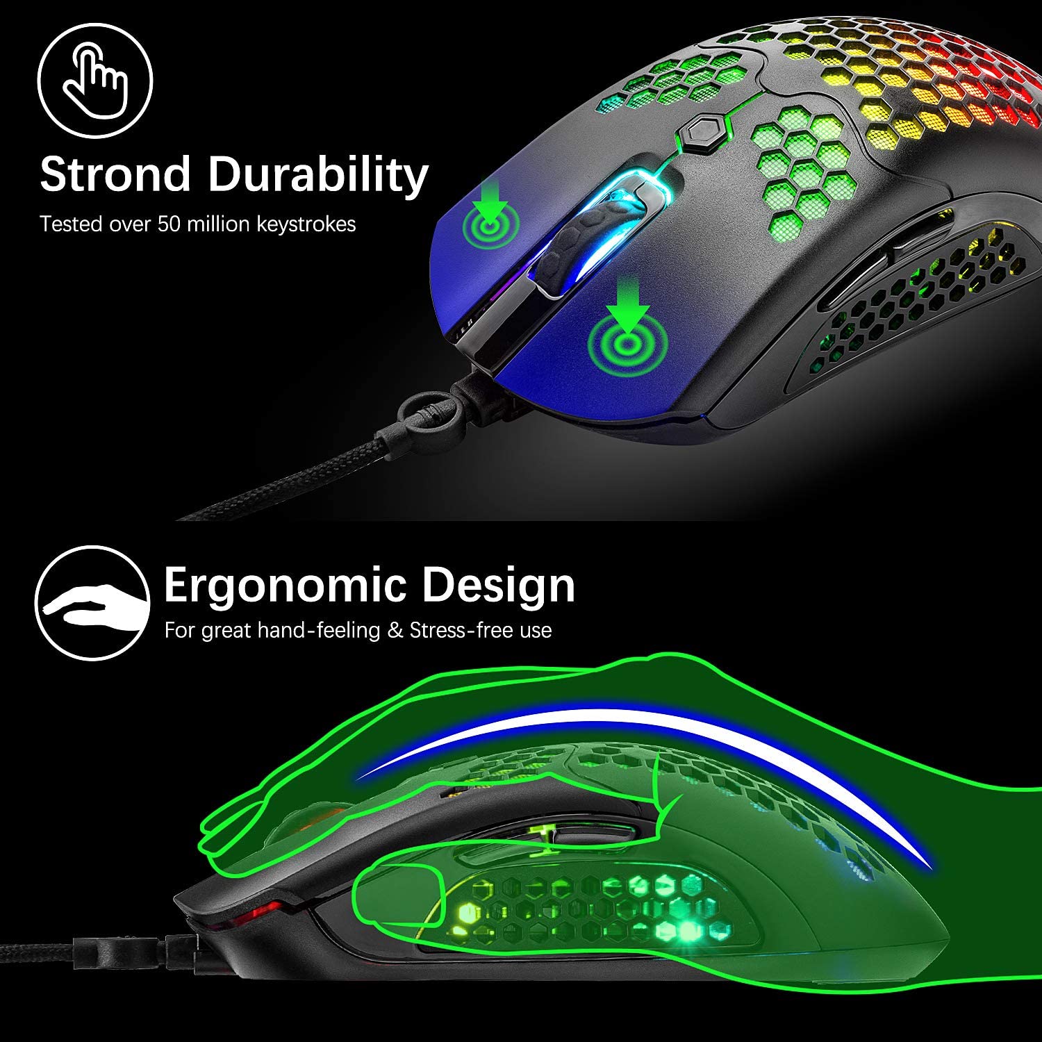 MAMBASNAKE M5 Wired Lightweight Gaming Mouse,26 RGB Backlit Mice with 7 Buttons Programmable Driver,PAW3325 12000DPI Mice, Honeycomb Shell