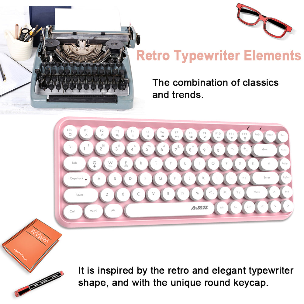 AJAZZ 308i Retro Wireless Keyboard, Cute Round Compact 84 Keys Silent Bluetooth Keyboard, Typewriter Design for iPad, PC, Laptop