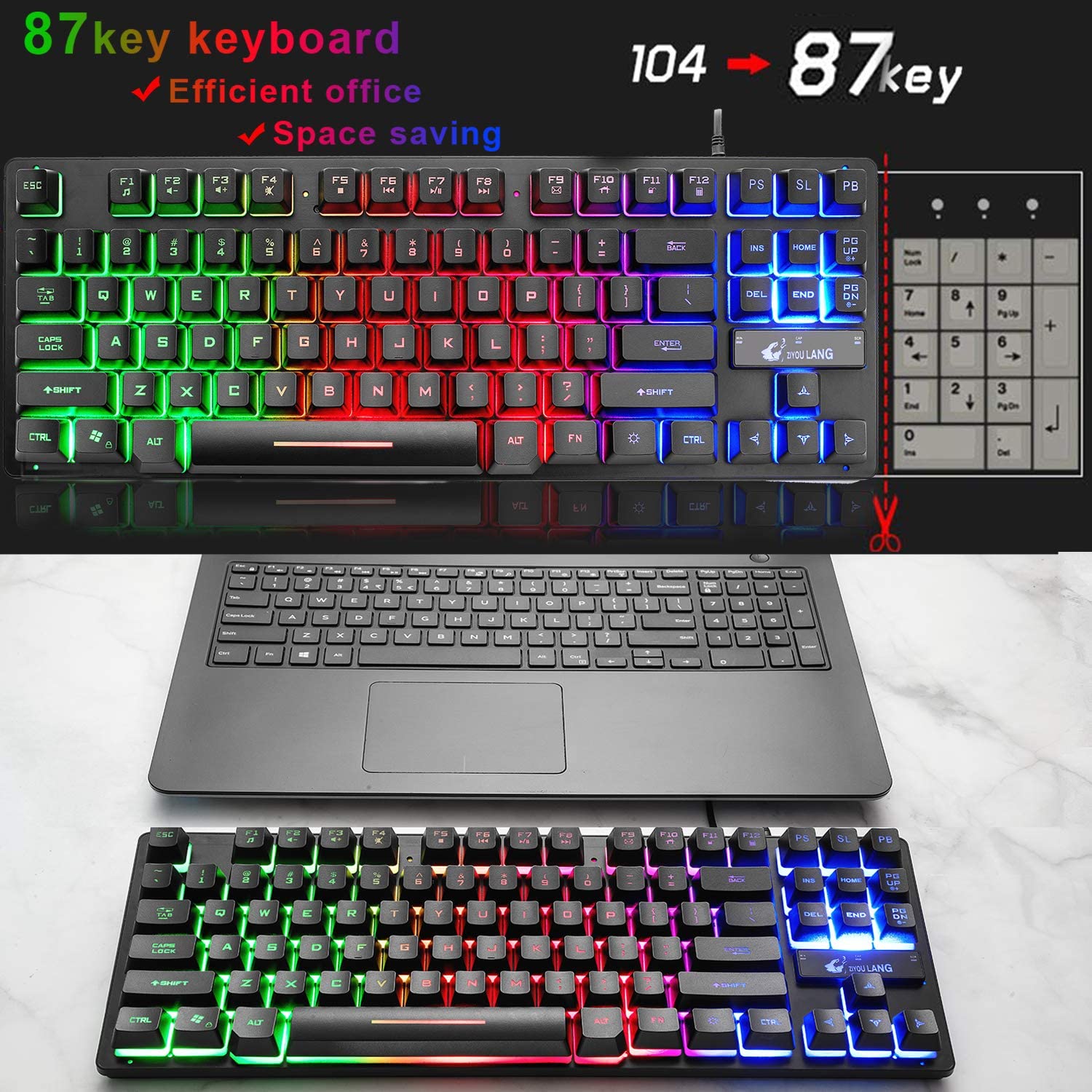 ZIYOU LANG K16 60% Gaming Keyboard87 Keys Mechanical Feeling Multi Color RGB Illuminated LED Backlit Wired Light Up Keyboard