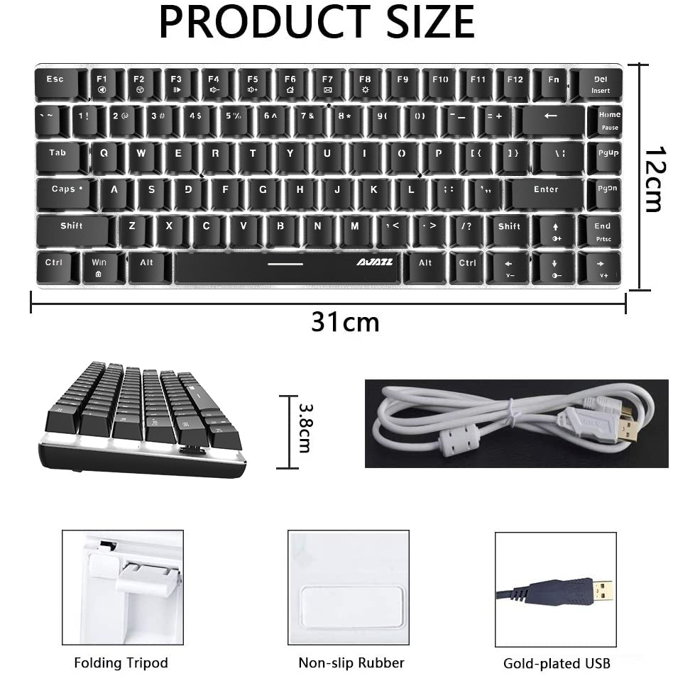 AJAZZ AK33 Gaming Mechanical Keyboard Type-C Computer Keyboard with Rainbow LED Backlit 82keys Anti-ghosting, Blue Switch