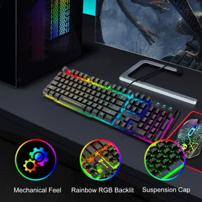 KUIYN T6 Wired Keyboard Mouse Combo 12 Chroma RGB Backlit Mechanical Feel Gaming Keyboard+2400DPI 6 Buttons LED Gaming Mouse+Mouse Pad