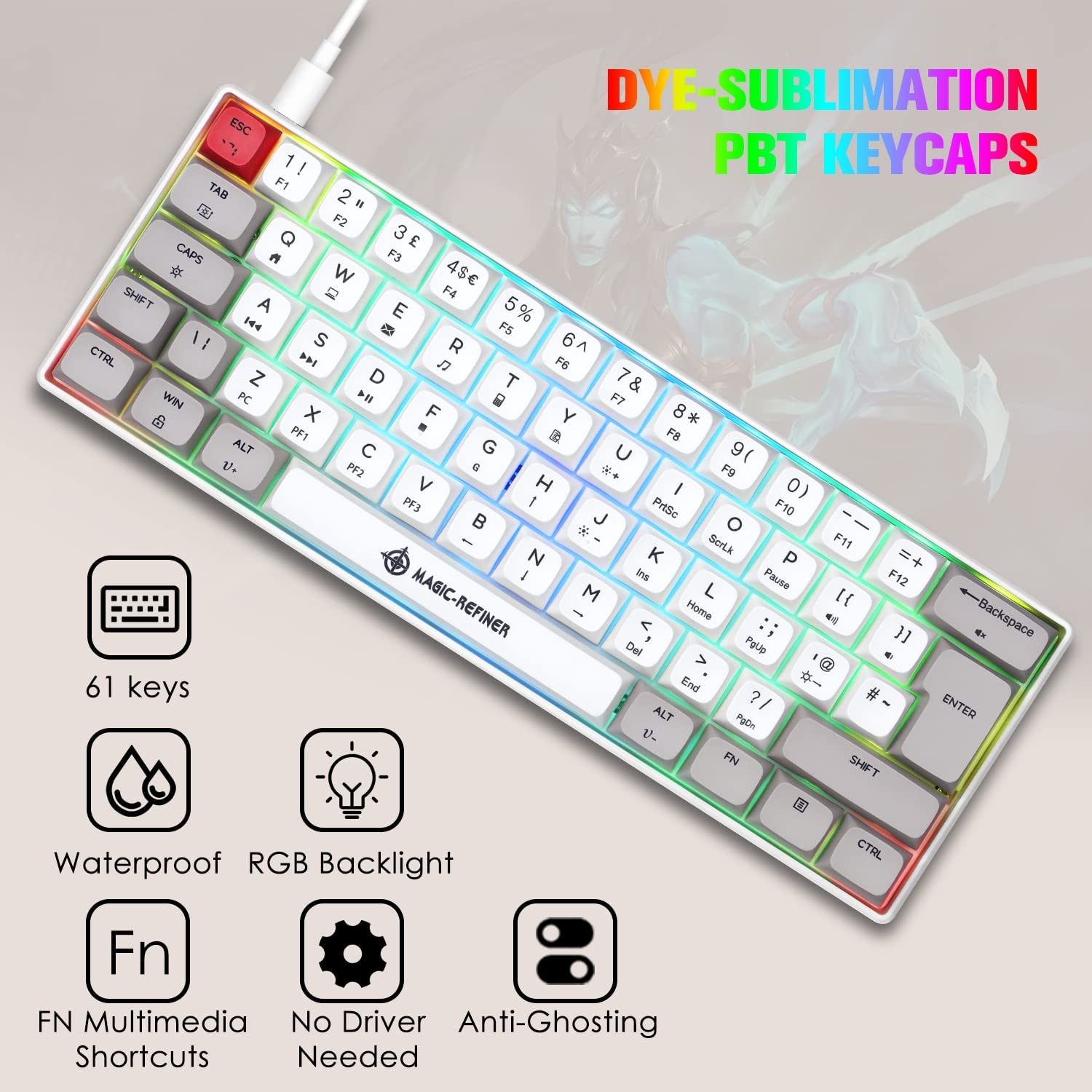 MAGIC-REFINER MK21 UK Layout 60% Mechanical Gaming Keyboard Mini Compact Wired Type C Dye-Sublimation PBT USB Water-resistant 14 Chroma RGB Illuminated