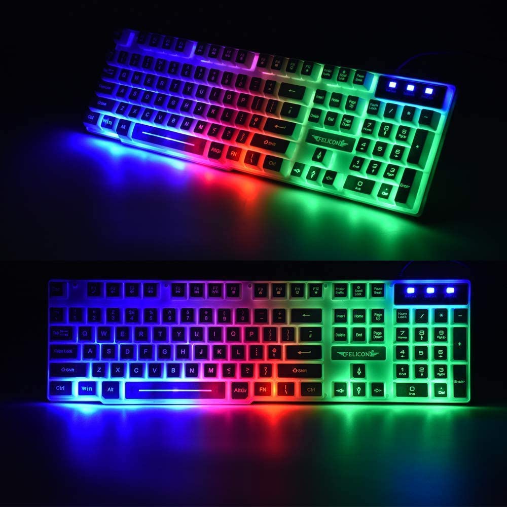 FELiCON T6 UK Layout Gaming Keyboard and Mouse Sets Rainbow Backlit Usb Gaming Keyboard  2400DPI 6 Buttons Optical  Gaming Mouse