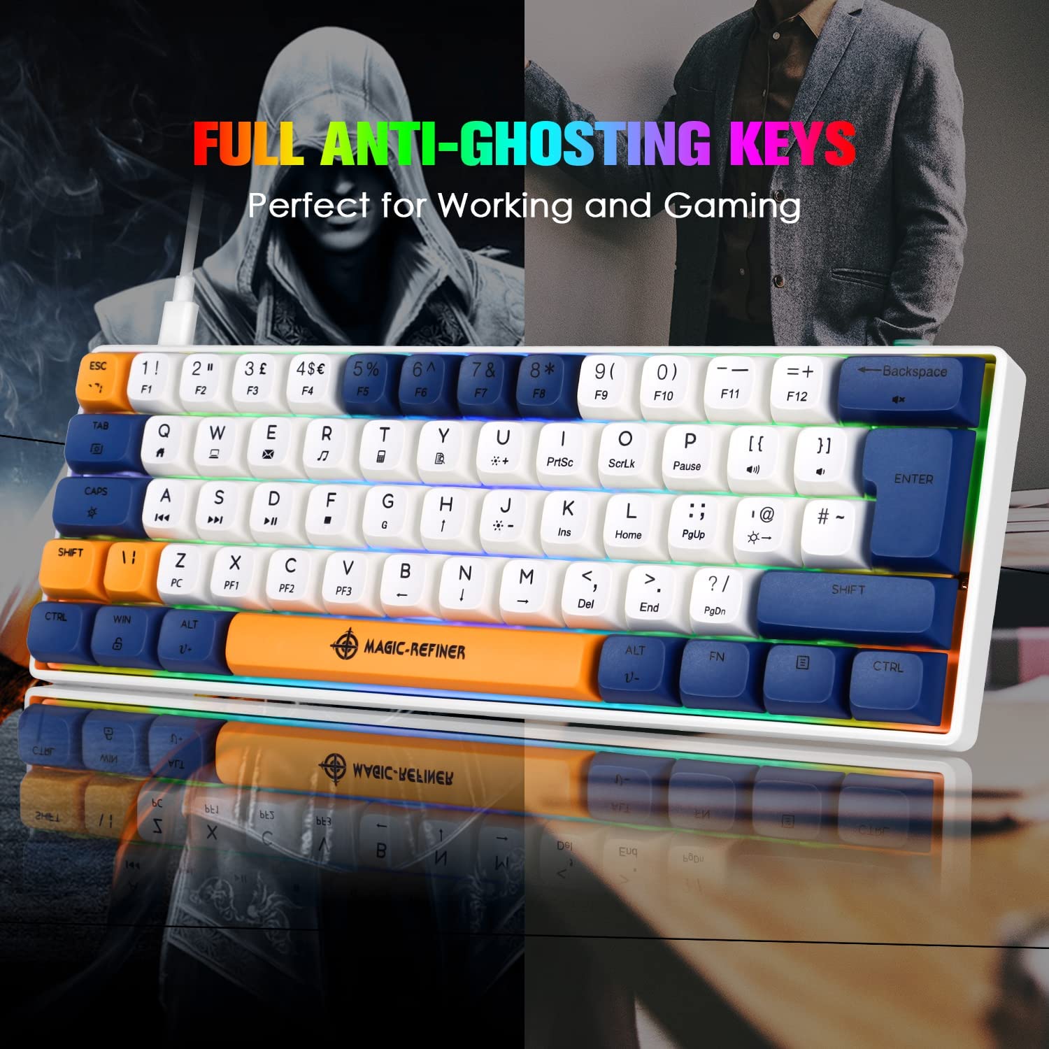 MAGIC-REFINER MK21 UK Layout 60% Mechanical Gaming Keyboard Mini Compact Wired Type C Dye-Sublimation PBT USB Water-resistant 14 Chroma RGB Illuminated