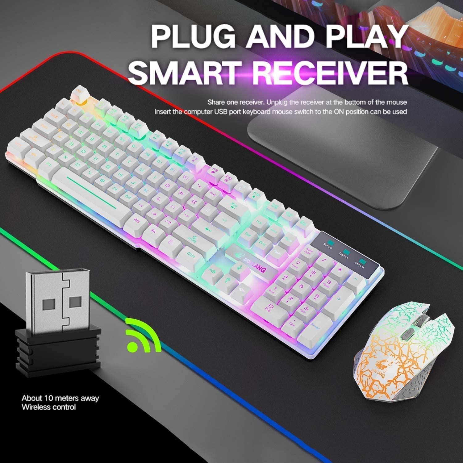 ZIYOU LANG T3 Wireless Rainbow Backlit 2.4G Rechargeable Mechanical Feel Gaming Keyboard+2400DPI 6 Buttons LED Gaming Mouse+Mouse Pad