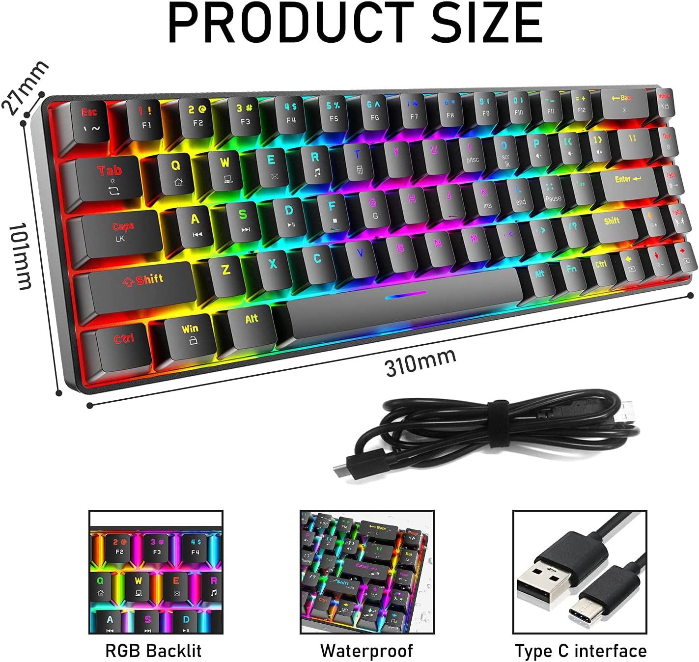 ZIYOU LANG T8 60% Mechanical Mini Gaming Keyboard Compact Type C Wired 68 Keys LED Backlit USB Waterproof Keyboard 18 Chroma RGB