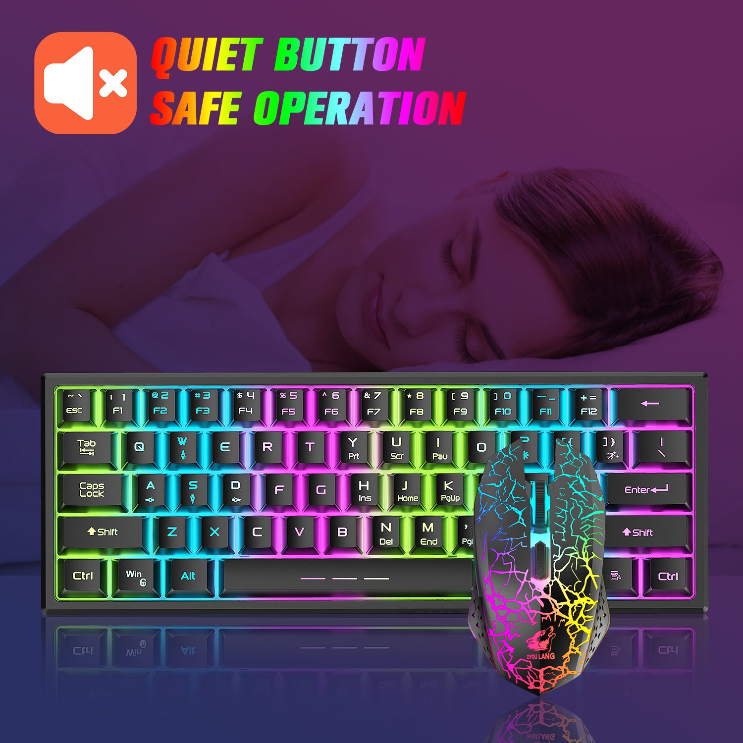 ZIYOU LANG T61 60% Ultra Compact Wireless Gaming Keyboard and Mouse Set with Mousepad 2400 DPI Rainbow Backlit 3800 mAh Rechargeable