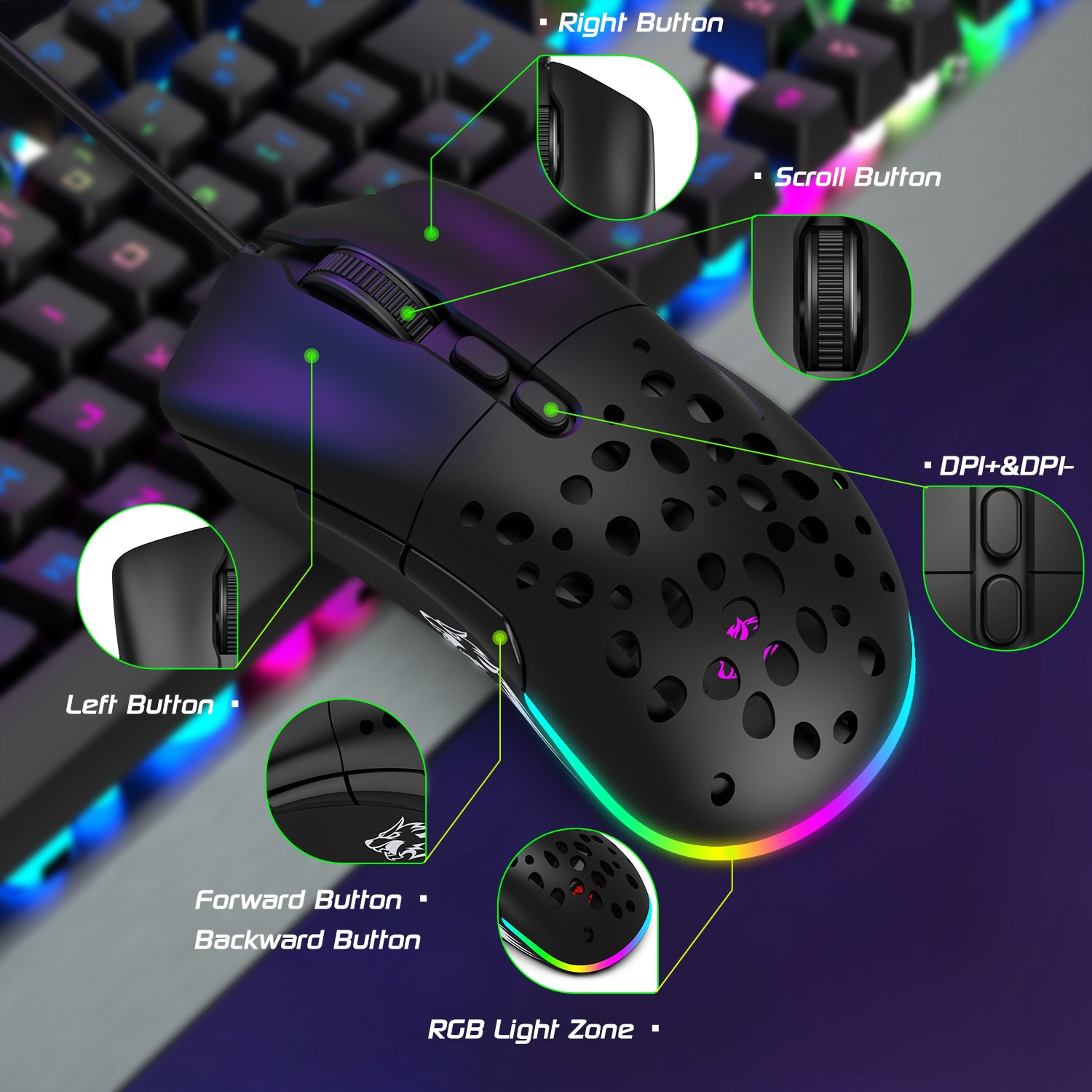 ZIYOU LANG D19 Wired RGB Gaming Mouse, 12000DPI, 7 Programmable Buttons, Adjustable Weights, Honeycomb Shell Mice for PC/PS4/XBOX