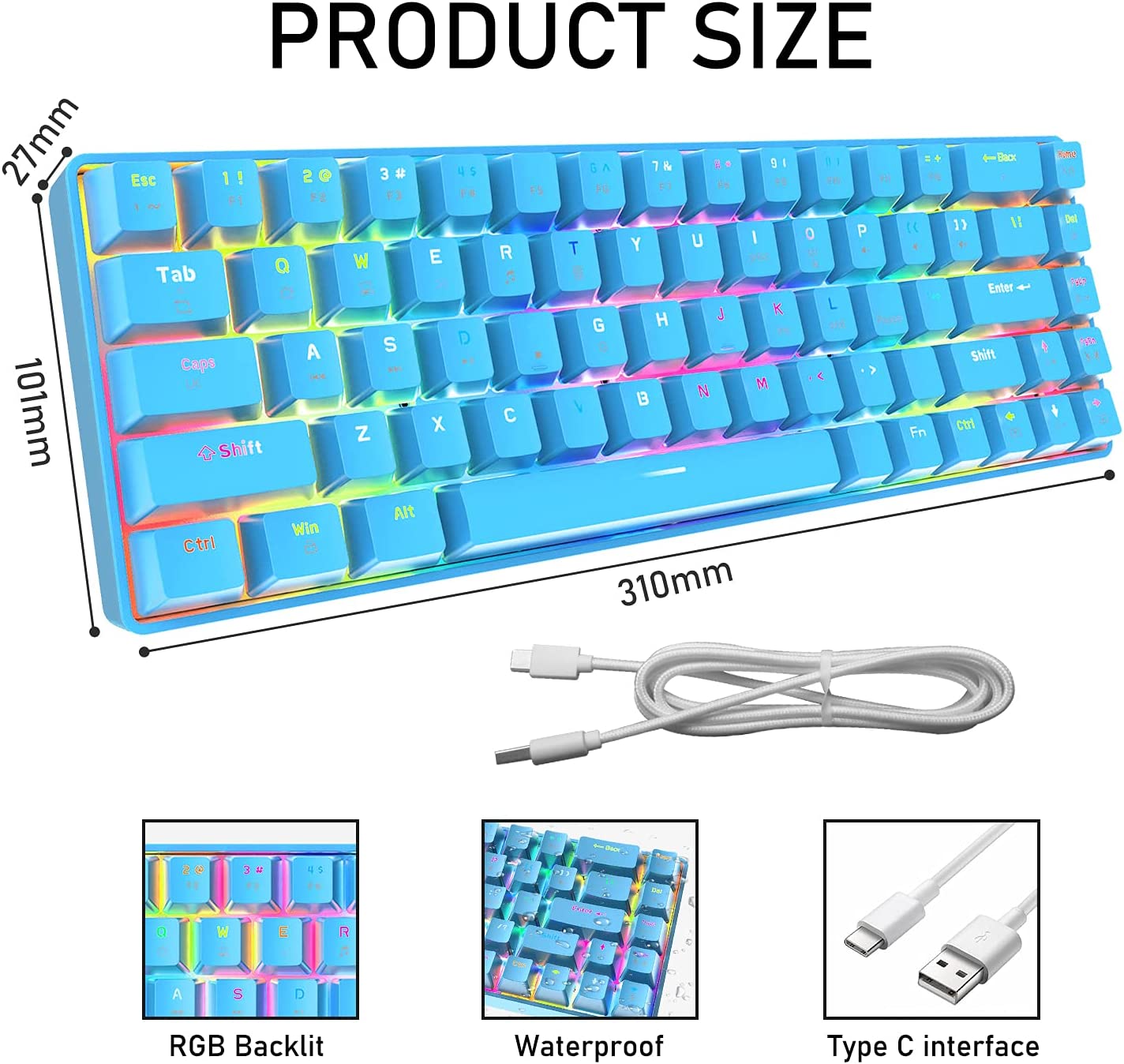 ZIYOU LANG T8 60% Mechanical Mini Gaming Keyboard Compact Type C Wired 68 Keys LED Backlit USB Waterproof Keyboard 18 Chroma RGB