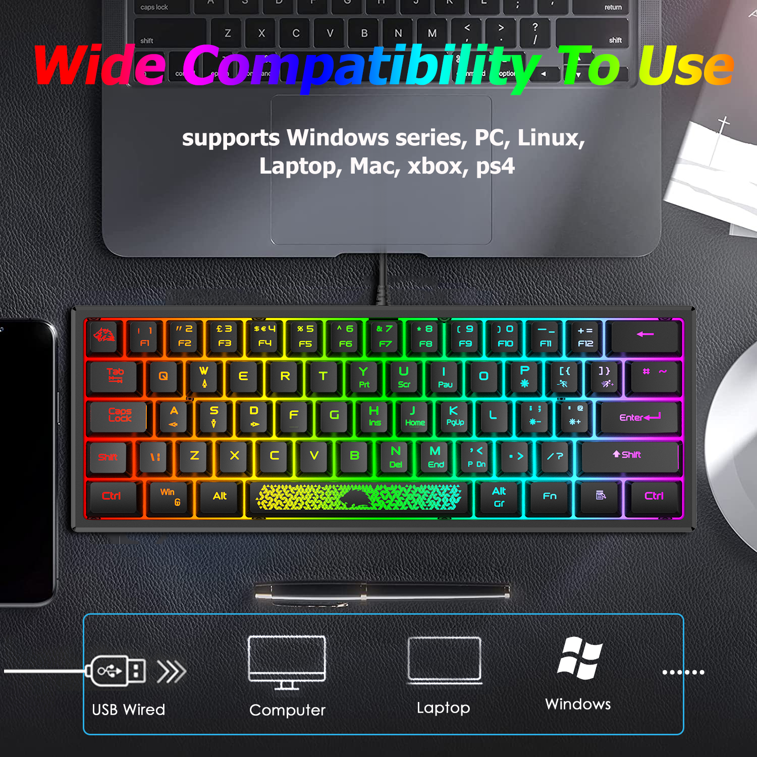 ZIYOU LANG K61 - 60 Percent Compact Gaming Keyboard UK Layout Ultralight LED Backlit Mechanical Feel PS4 Laptop PC Accessories