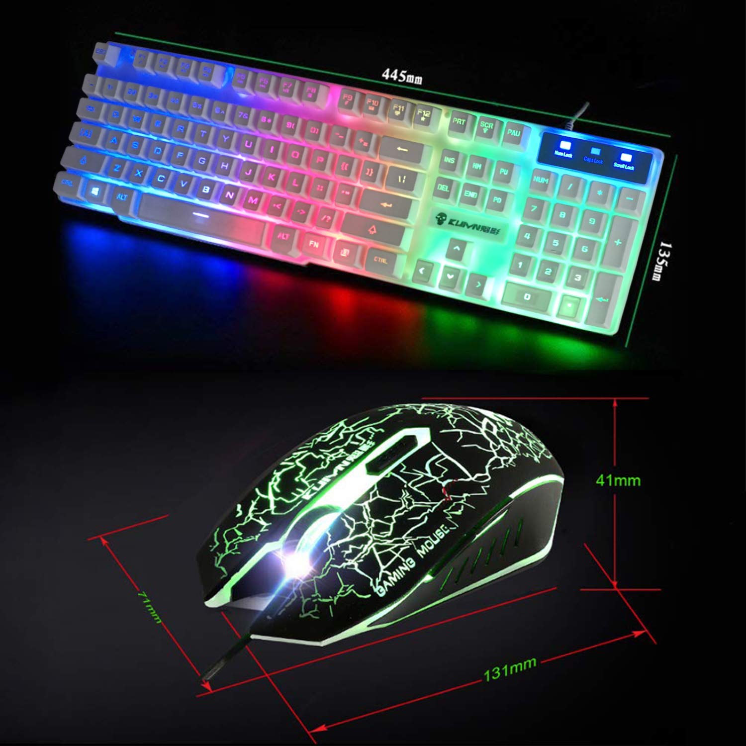 KUIYN T6 Wired Mechanical Feel Gaming Keyboard Rainbow LED 104 Keys USB illuminated light up+2400DPI 6 Buttons Optical Gaming Mouse Mice+Mouse Pad