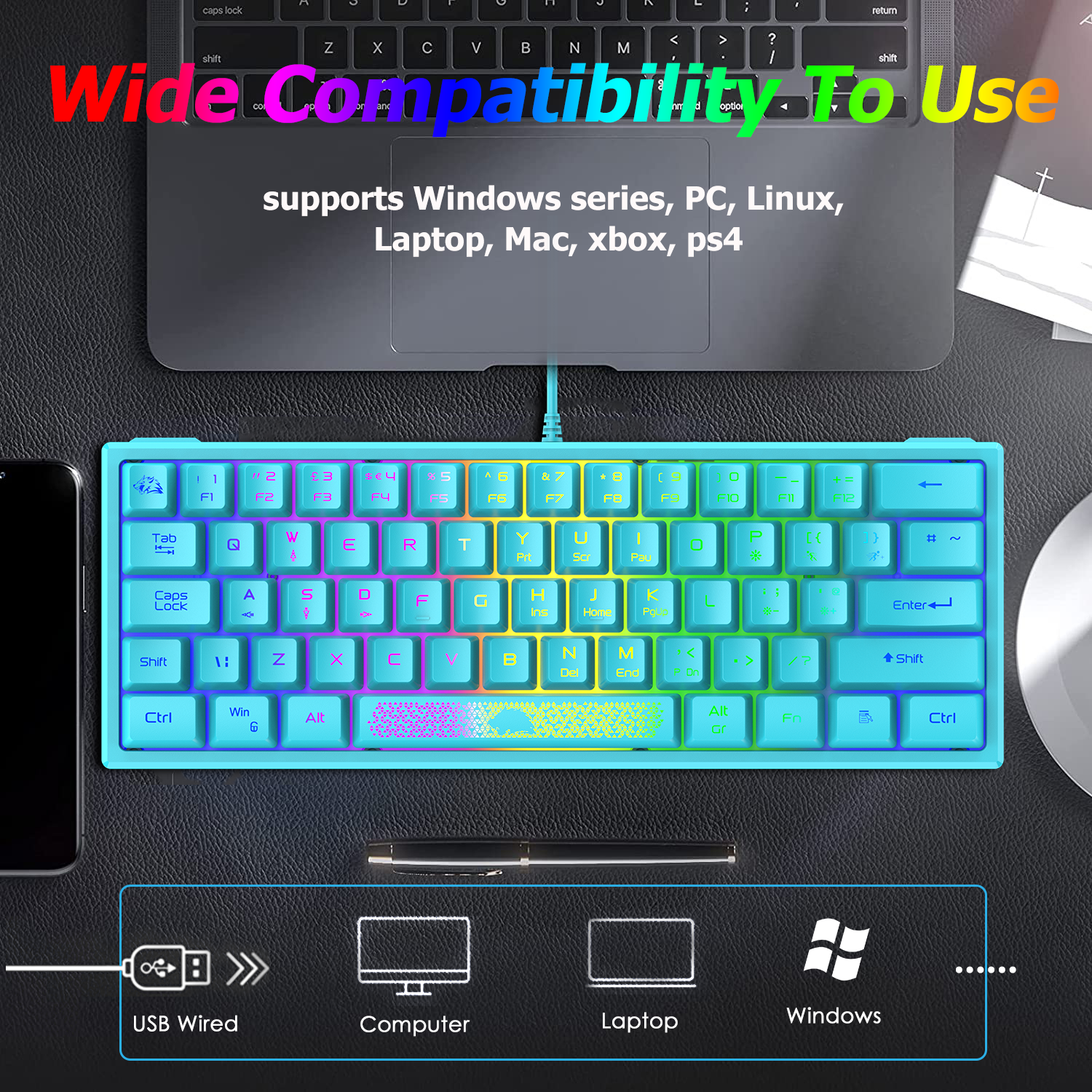 ZIYOU LANG K61 - 60 Percent Compact Gaming Keyboard UK Layout Ultralight LED Backlit Mechanical Feel PS4 Laptop PC Accessories