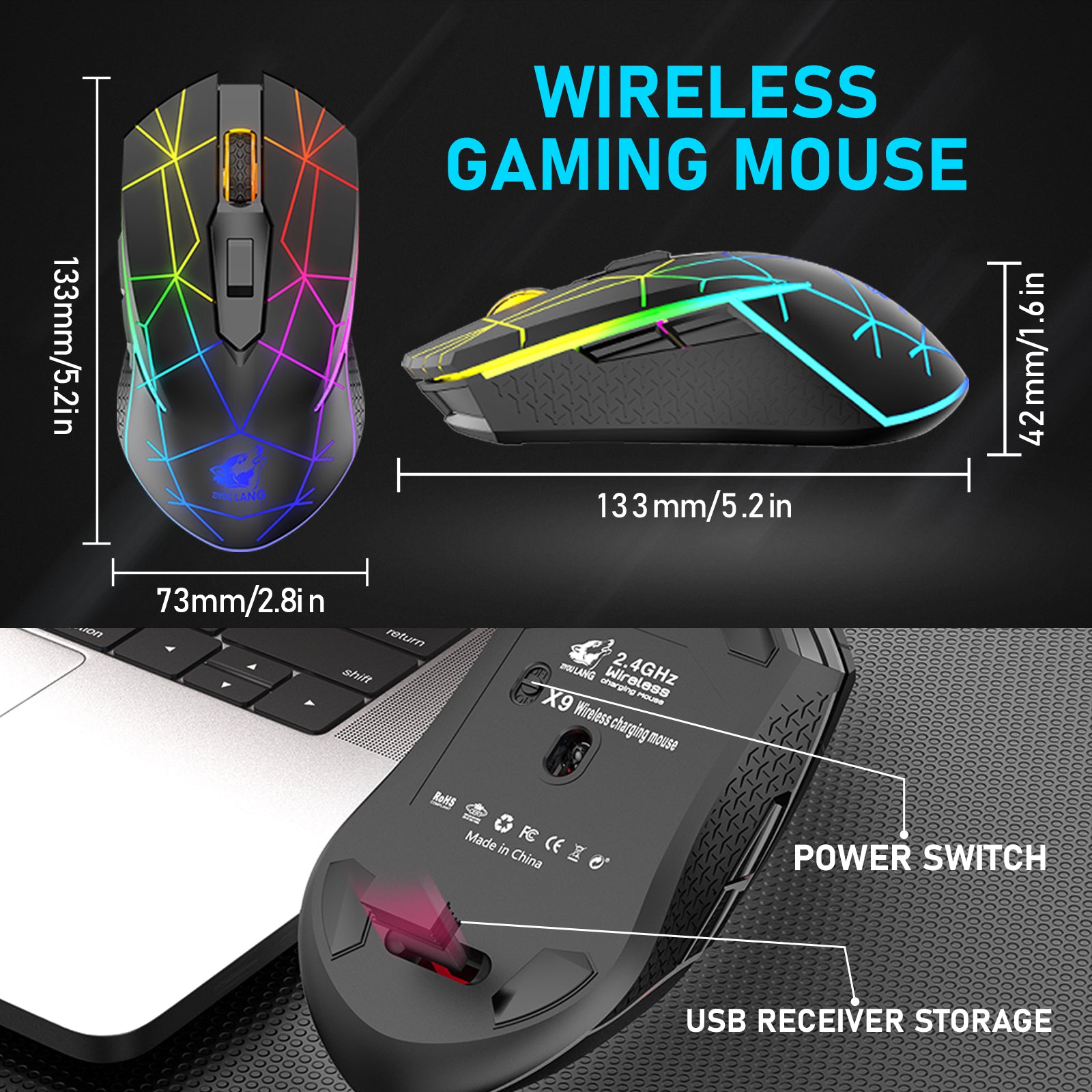 ZIYOU LANG Wireless Gaming Mouse with 2.4Ghz USB Receiver RGB Backlight Adjustable DPI Silent Rechargeable Ergonomic 7 Button