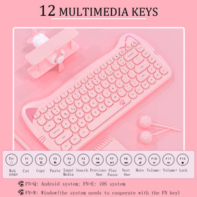 AJAZZ 3060i Wireless Cute Computer Keyboard Lovely Cat Silent Office Bluetooth Keyboard Retro Round Matte Texture Keycap for iPad Laptop