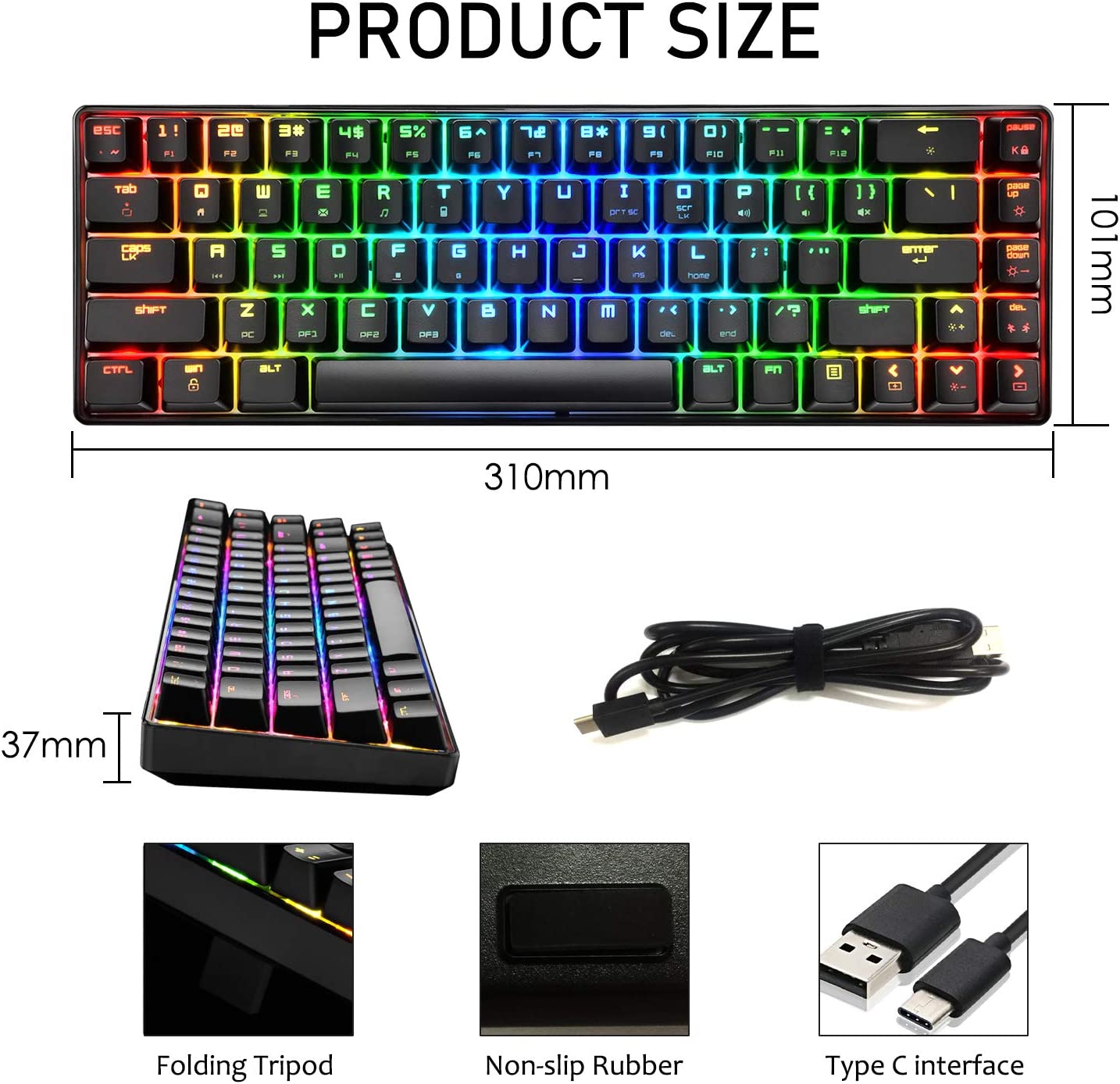 MAGIC-REFINER MK14 60% Mechanical Gaming Keyboard Type C Wired 68 Keys LED illuminated 18 Chroma RGB Lighting Clicky Switches Anti-ghosting