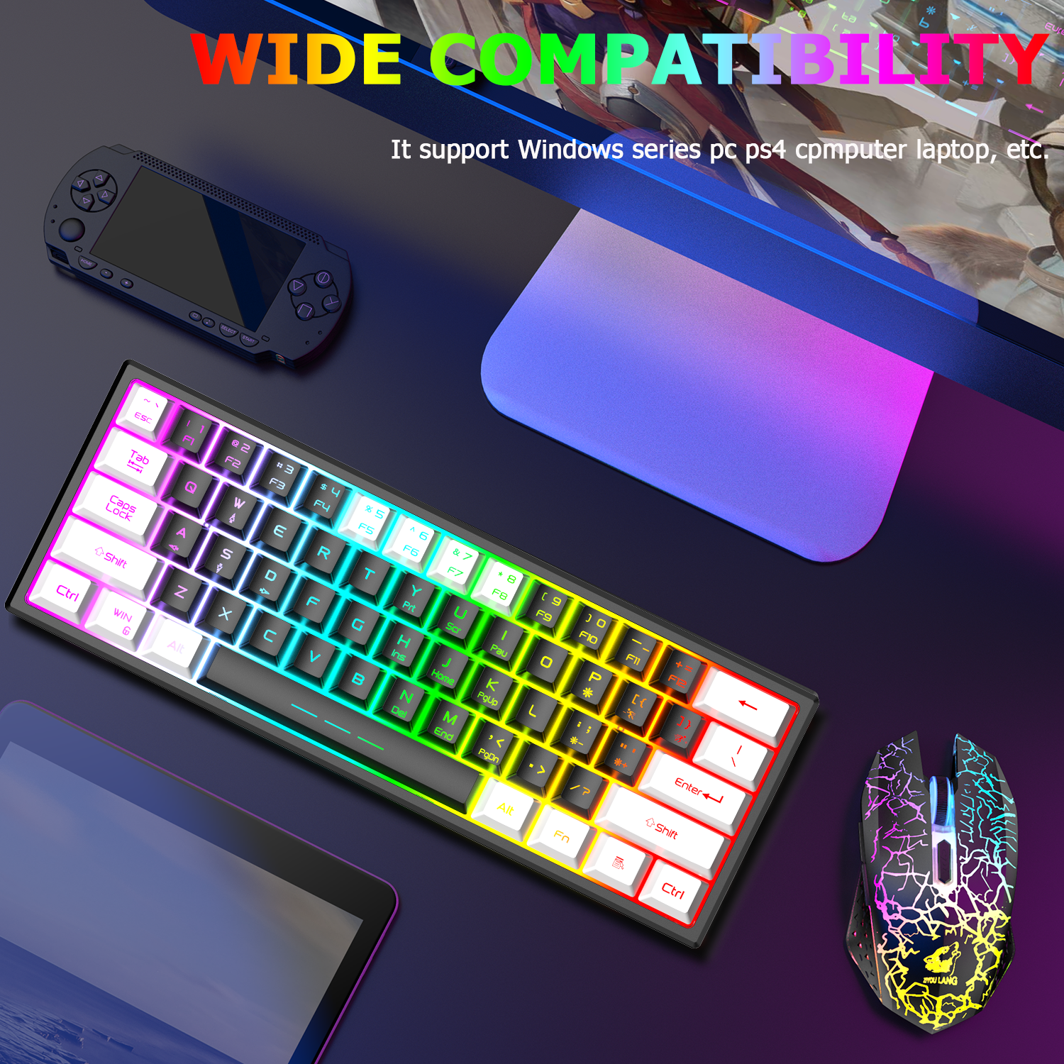 ZIYOU LANG T61 60% Ultra Compact Wireless Gaming Keyboard and Mouse Set with Mousepad 2400 DPI Rainbow Backlit 3800 mAh Rechargeable