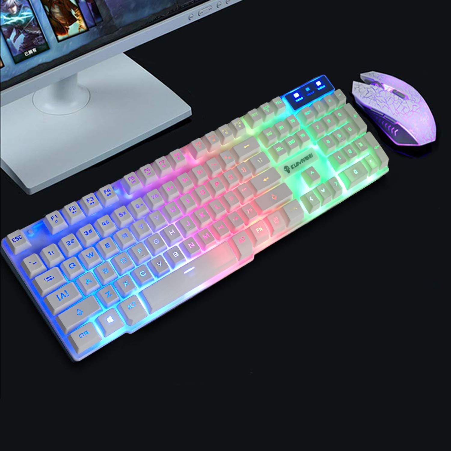 KUIYN T6 Wired Mechanical Feel Gaming Keyboard Rainbow LED 104 Keys USB illuminated light up+2400DPI 6 Buttons Optical Gaming Mouse Mice+Mouse Pad