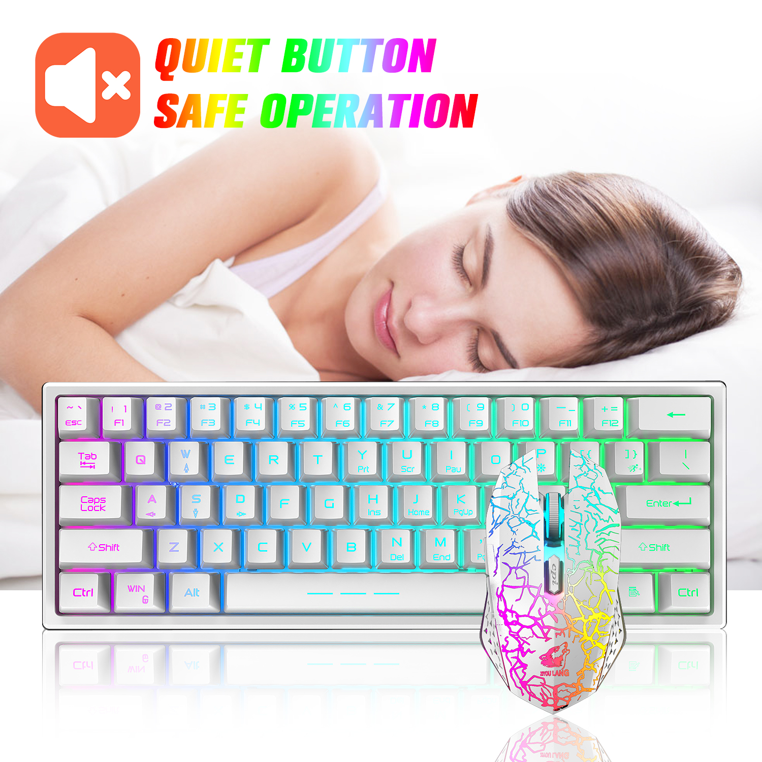 ZIYOU LANG T61 60% Ultra Compact Wireless Gaming Keyboard and Mouse Set with Mousepad 2400 DPI Rainbow Backlit 3800 mAh Rechargeable