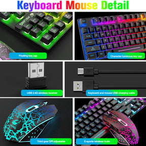 ZIYOU LANG T87 Wireless Gaming Keyboard and Mouse Combo with 87 Key Rainbow LED Backlight Rechargeable 3800mAh Battery Mechanical Feel Anti-ghosting Ergonomic Waterproof RGB Mute Mice for Computer PC Gamer (Black)