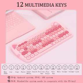 AJAZZ 3060i Wireless Cute Computer Keyboard Lovely Cat Silent Office Bluetooth Keyboard Retro Round Matte Texture Keycap for iPad Laptop