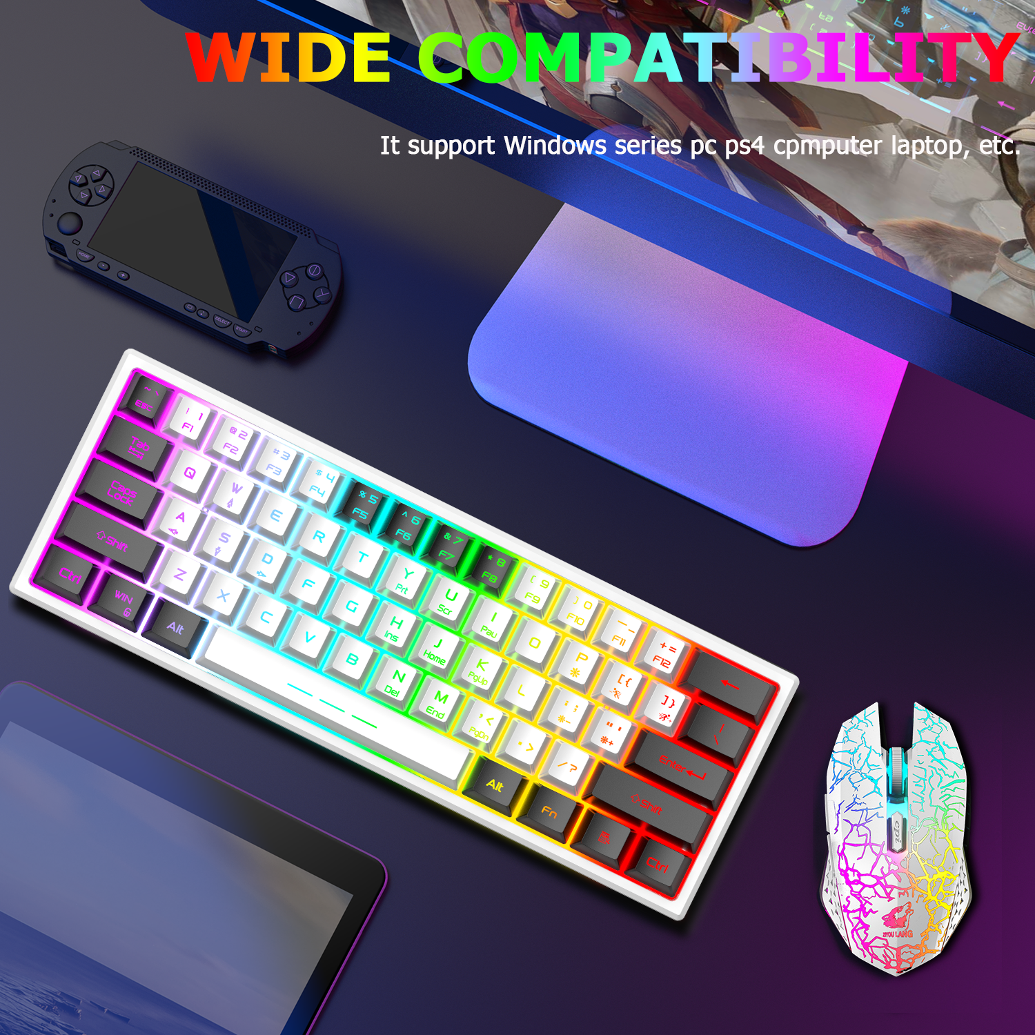 ZIYOU LANG T61 60% Ultra Compact Wireless Gaming Keyboard and Mouse Set with Mousepad 2400 DPI Rainbow Backlit 3800 mAh Rechargeable