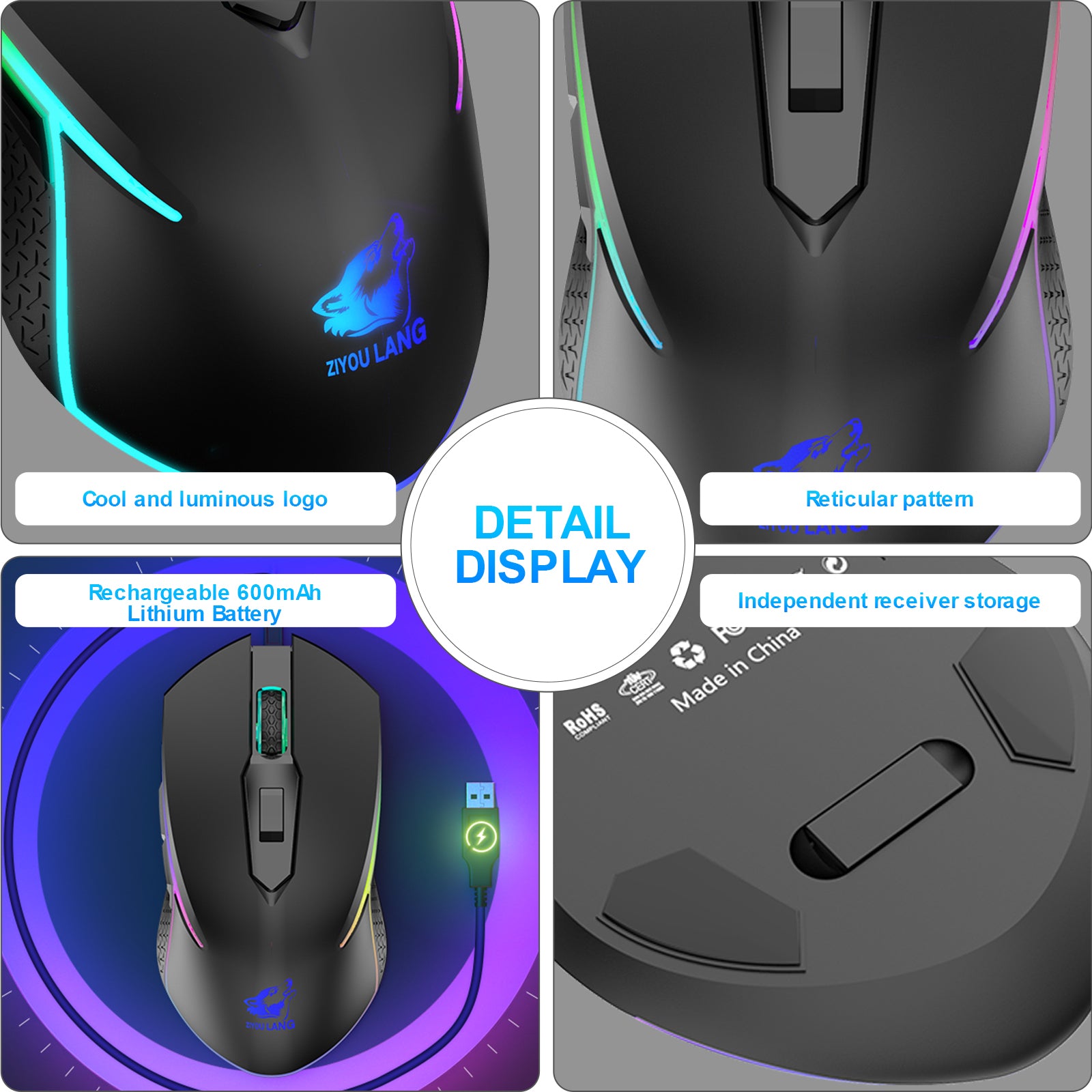 ZIYOU LANG Wireless Gaming Mouse with 2.4Ghz USB Receiver RGB Backlight Adjustable DPI Silent Rechargeable Ergonomic 7 Button