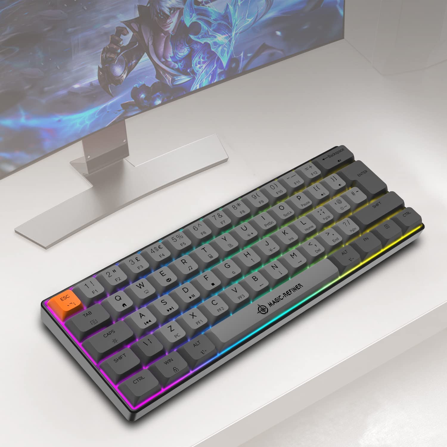 MAGIC-REFINER MK21 UK Layout 60% Mechanical Gaming Keyboard Mini Compact Wired Type C Dye-Sublimation PBT USB Water-resistant 14 Chroma RGB Illuminated