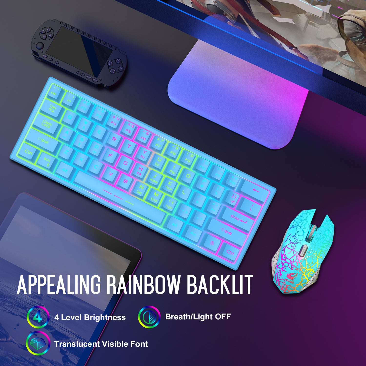 ZIYOU LANG T61 60% Ultra Compact Wireless Gaming Keyboard and Mouse Set with Mousepad 2400 DPI Rainbow Backlit 3800 mAh Rechargeable