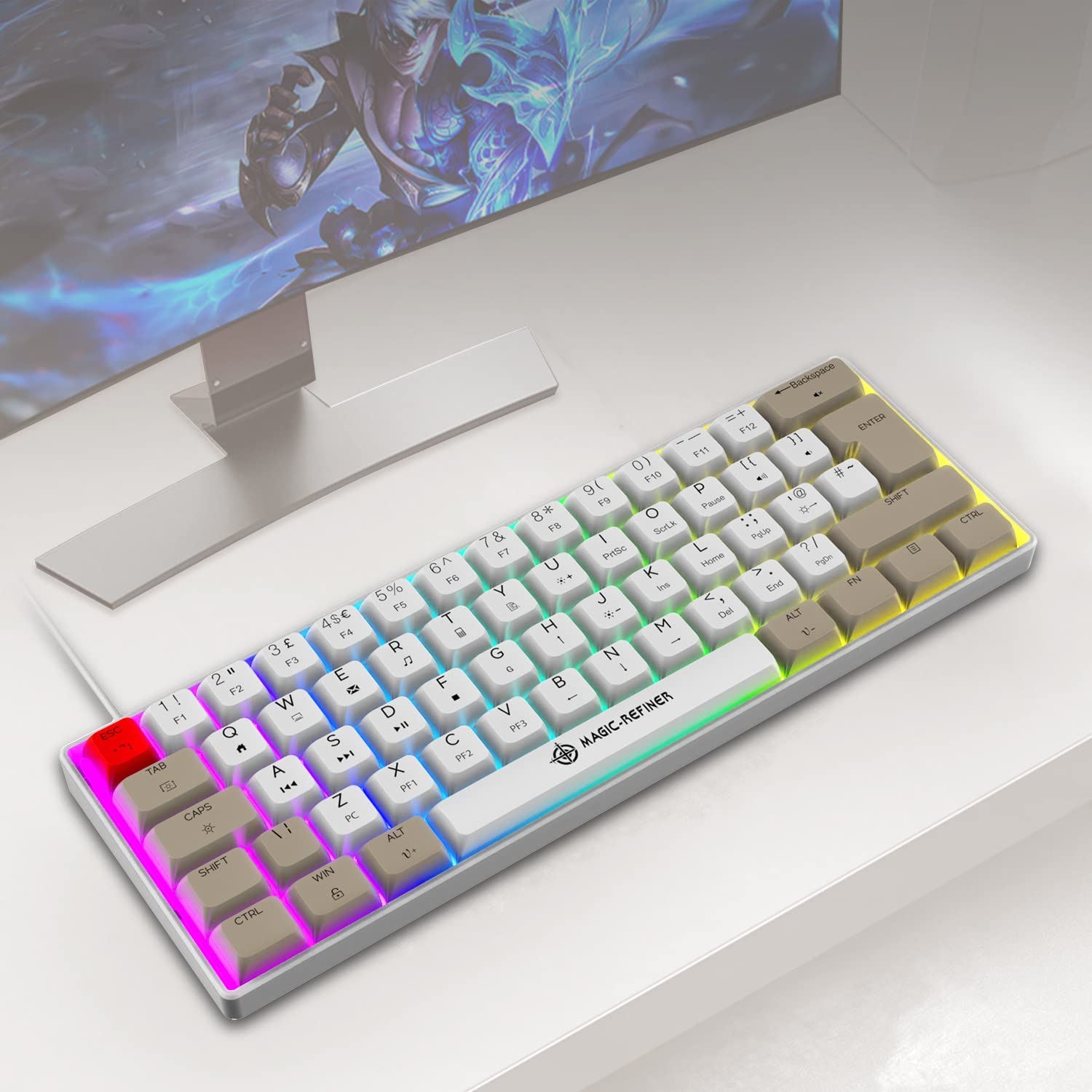 MAGIC-REFINER MK21 UK Layout 60% Mechanical Gaming Keyboard Mini Compact Wired Type C Dye-Sublimation PBT USB Water-resistant 14 Chroma RGB Illuminated