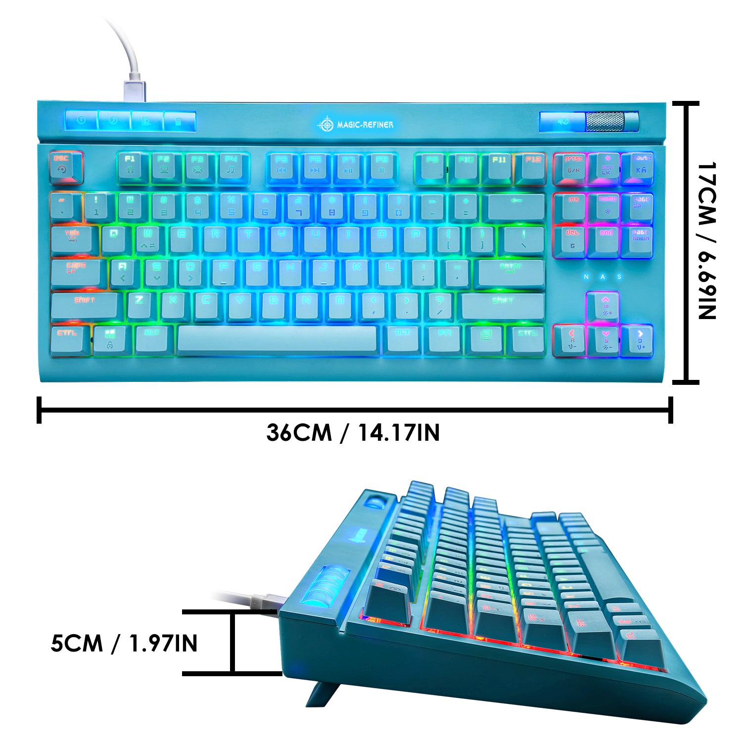 MAGIC-REFINER MK17 87 Key RGB Mechanical Gaming Keyboard, 18  RGB LED Backlit, Multimedia Digital Volume Wheel, full Keys All-ghosting-Blue Switches