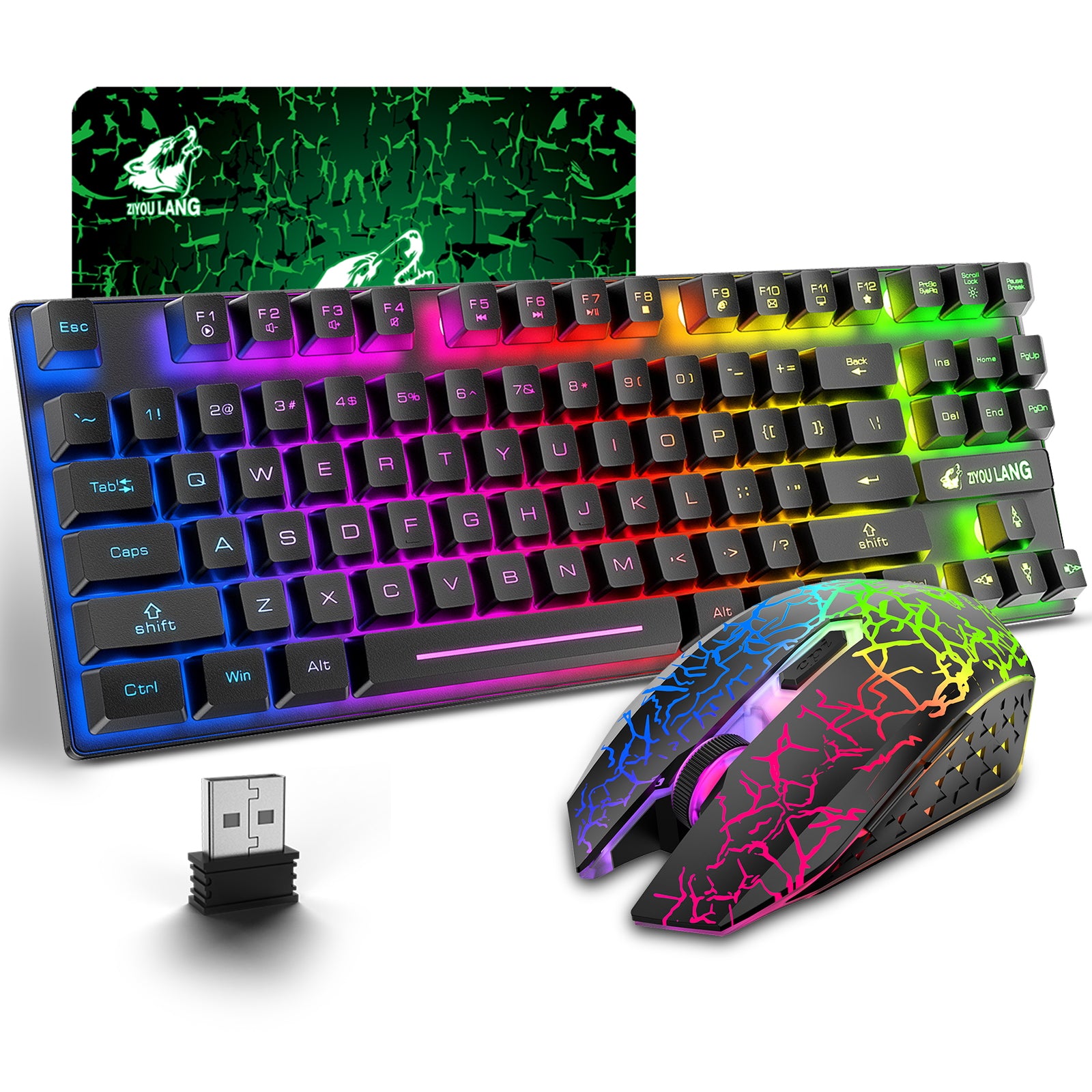 ZIYOU LANG T87 Wireless Gaming Keyboard and Mouse Combo with 87 Key Rainbow LED Backlight Rechargeable 3800mAh Battery Mechanical Feel Anti-ghosting Ergonomic Waterproof RGB Mute Mice for Computer PC Gamer (Black)