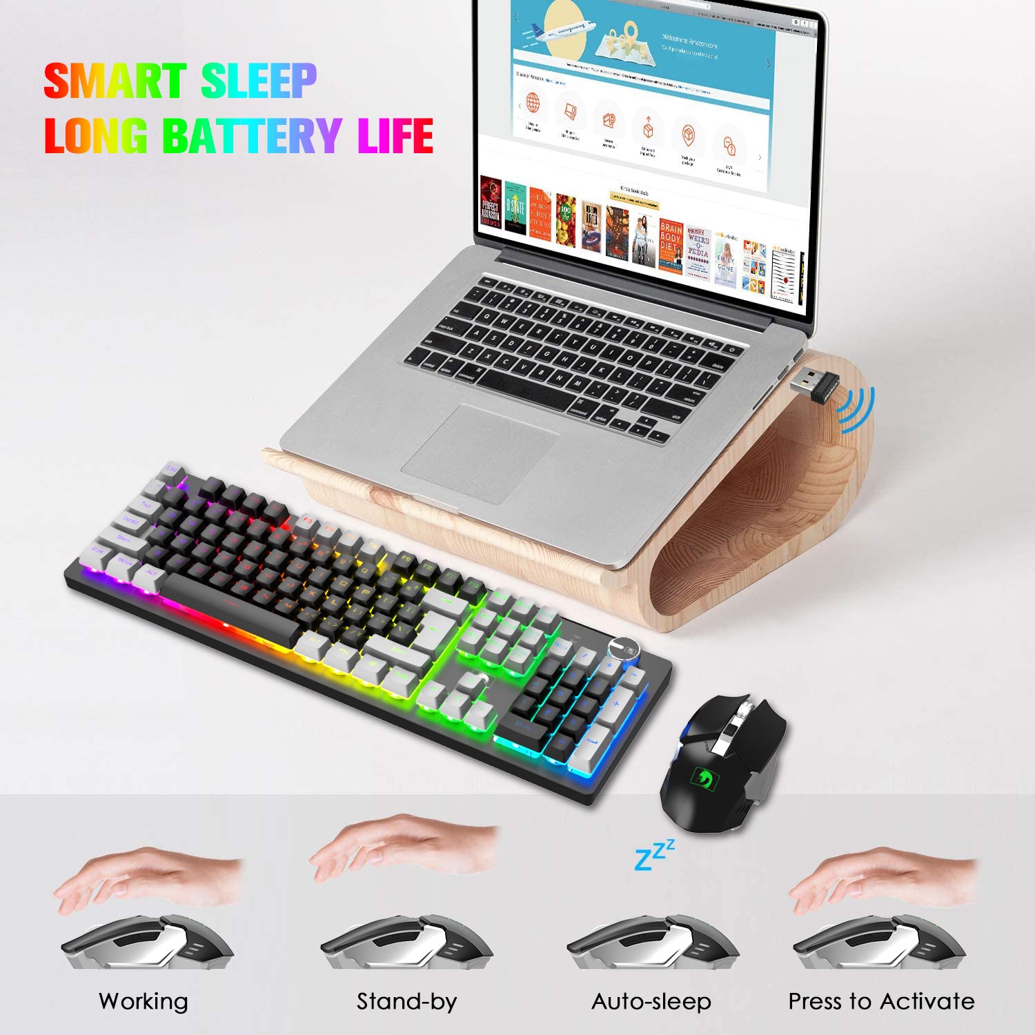 MAMBASNAKE K620 Wireless Gaming Keyboard & Mouse Combo,Mechanical Feel 100% Light Up Keyboard 4800mAh Rechargeable+PC Gaming Mice