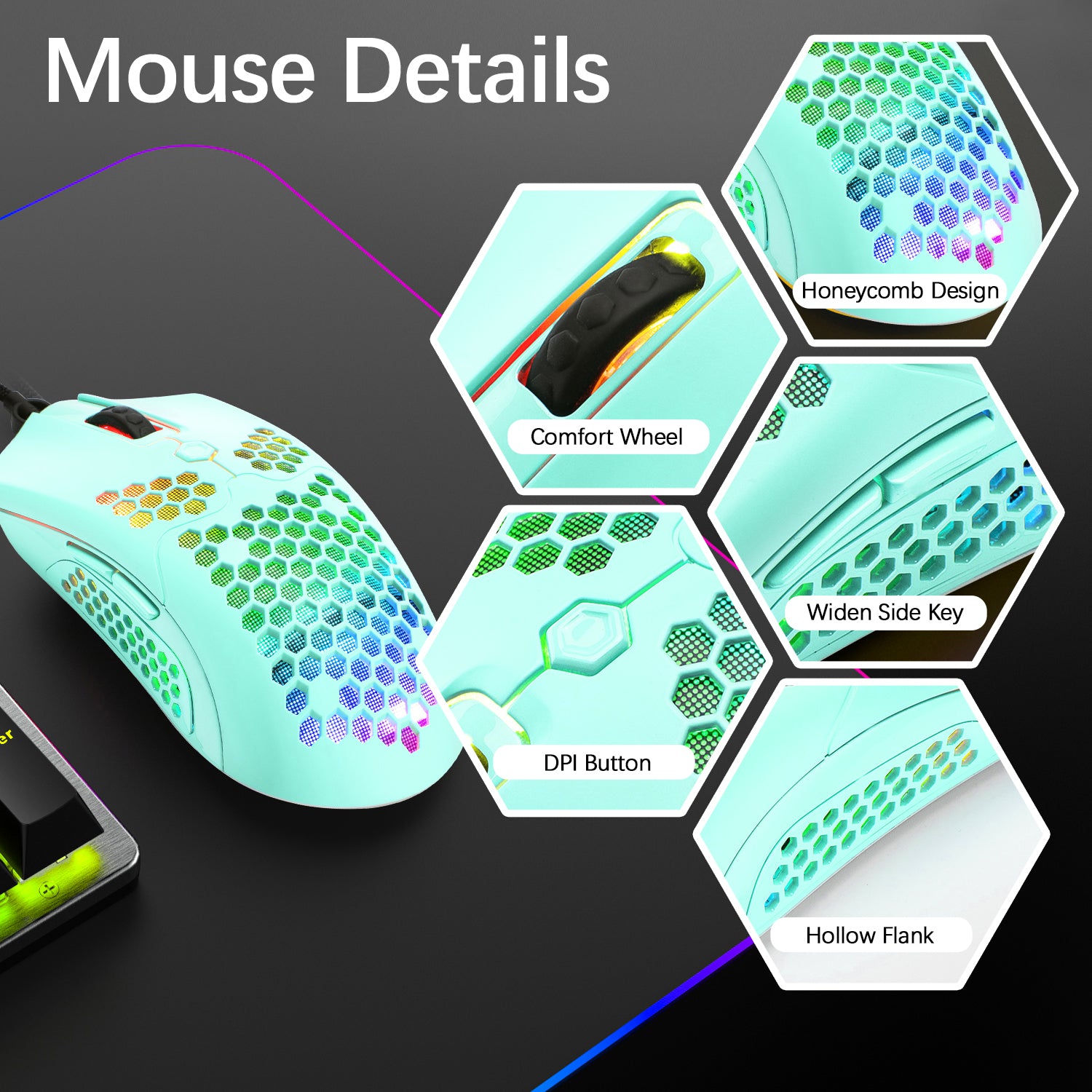 MAMBASNAKE M5 Wired Lightweight Gaming Mouse,26 RGB Backlit Mice with 7 Buttons Programmable Driver,PAW3325 12000DPI Mice, Honeycomb Shell