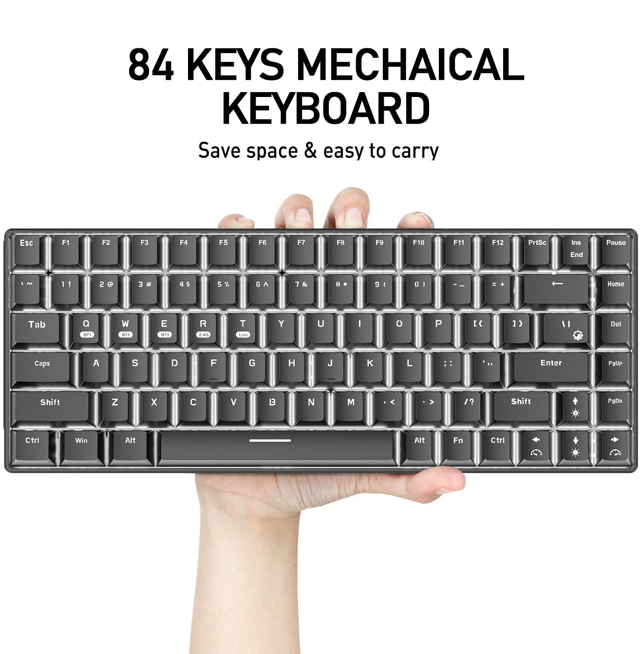 XINMENG XM84 84 Keys 3 Modes Mechanical Keyboard, Bluetooth 5.0/Wireless 2.4G/Wired, Rechargeable 3000mAh Battery, 20 LED Backlit Mode