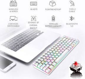 XINMENG XM84 84 Keys 3 Modes Mechanical Keyboard, Bluetooth 5.0/Wireless 2.4G/Wired, Rechargeable 3000mAh Battery, 20 LED Backlit Mode