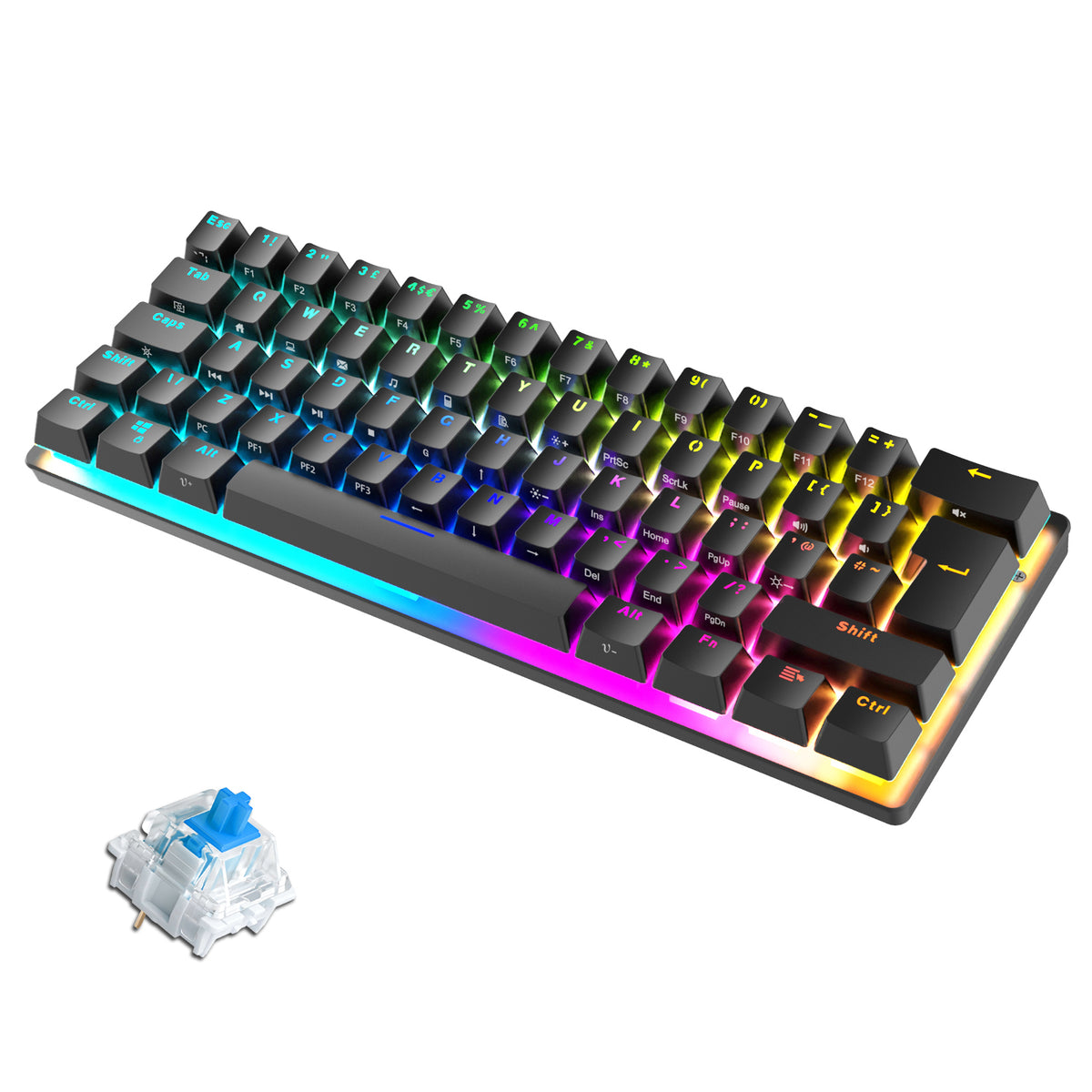 Kompakte 60 % mechanische Gaming-Tastatur mit ergonomischem Anti-Ghosting-Mini-61-Tasten-Layout, Regenbogen-RGB-Hintergrundbeleuchtung, wasserdichte Metallplatte, Typ-C, USB-Kabel für PC, Mac, Gamer, Bürotypist (Schwarz/Blau-Schalter)