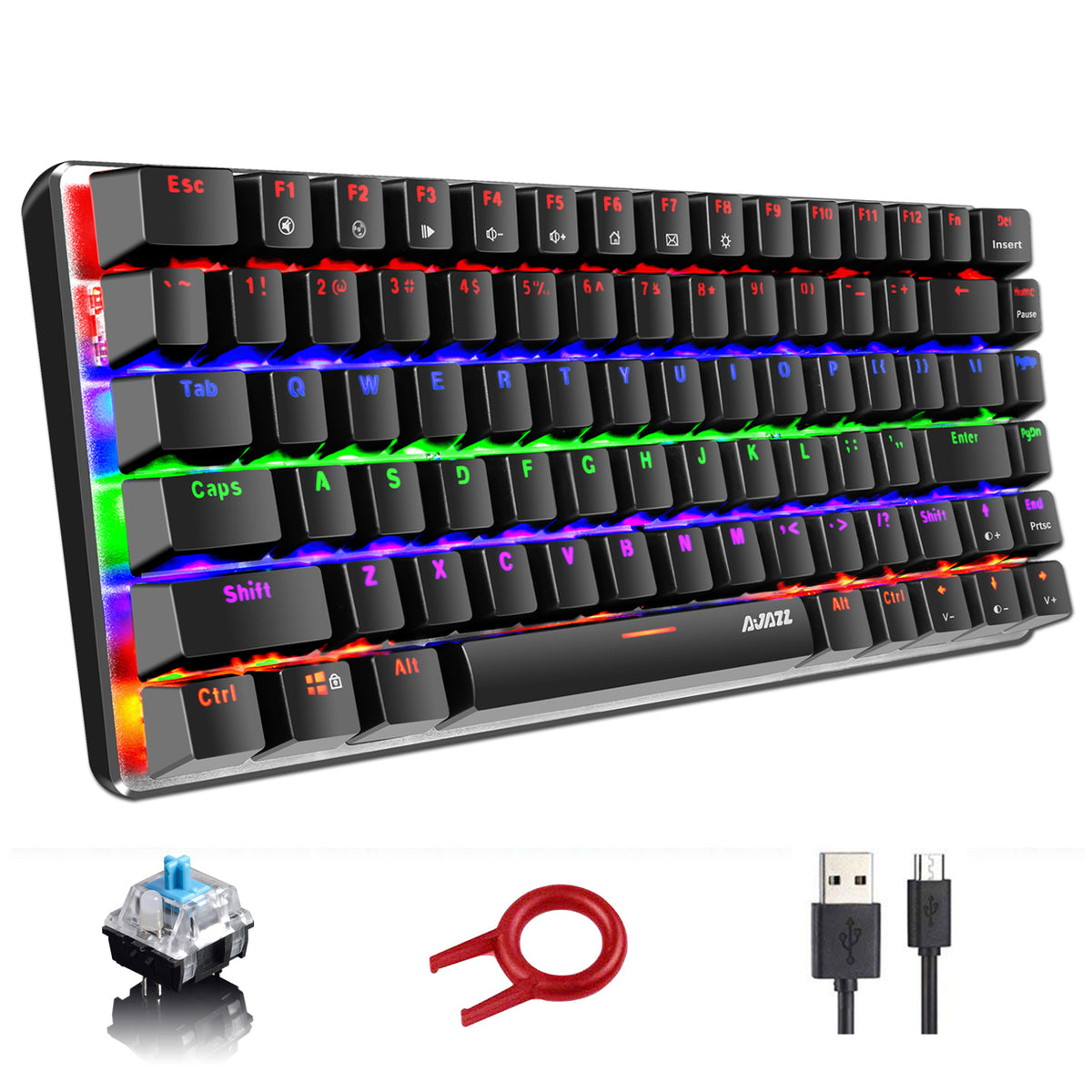 Tastiera meccanica da gioco Tastiera per computer con interruttore blu meccanico in metallo di tipo C cablato con retroilluminazione a LED arcobaleno 82 tasti Anti-ghosting per i giocatori di computer