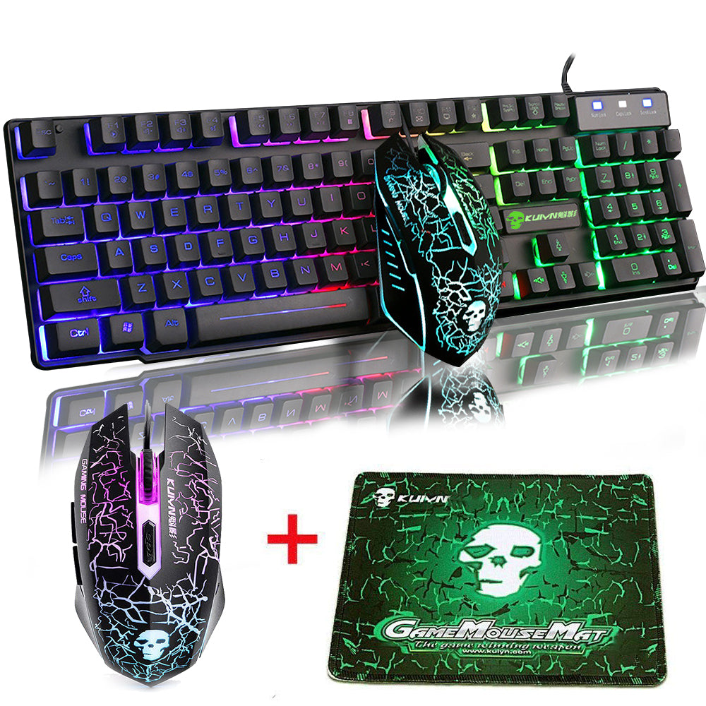 KUIYN T6 Wired Mechanical Feel Gaming Keyboard Rainbow LED 104 Keys USB illuminated light up+2400DPI 6 Buttons Optical Gaming Mouse Mice+Mouse Pad