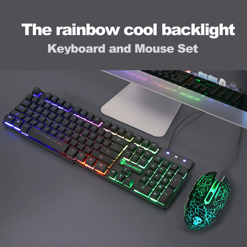 KUIYN T6 Wired Mechanical Feel Gaming Keyboard Rainbow LED 104 Keys USB illuminated light up+2400DPI 6 Buttons Optical Gaming Mouse Mice+Mouse Pad